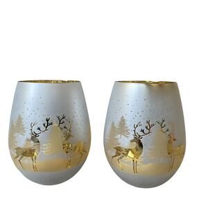 Christmas Frosted Stemless Wine Glasses 18oz Set of 2 Gold & Silver Holiday Glam